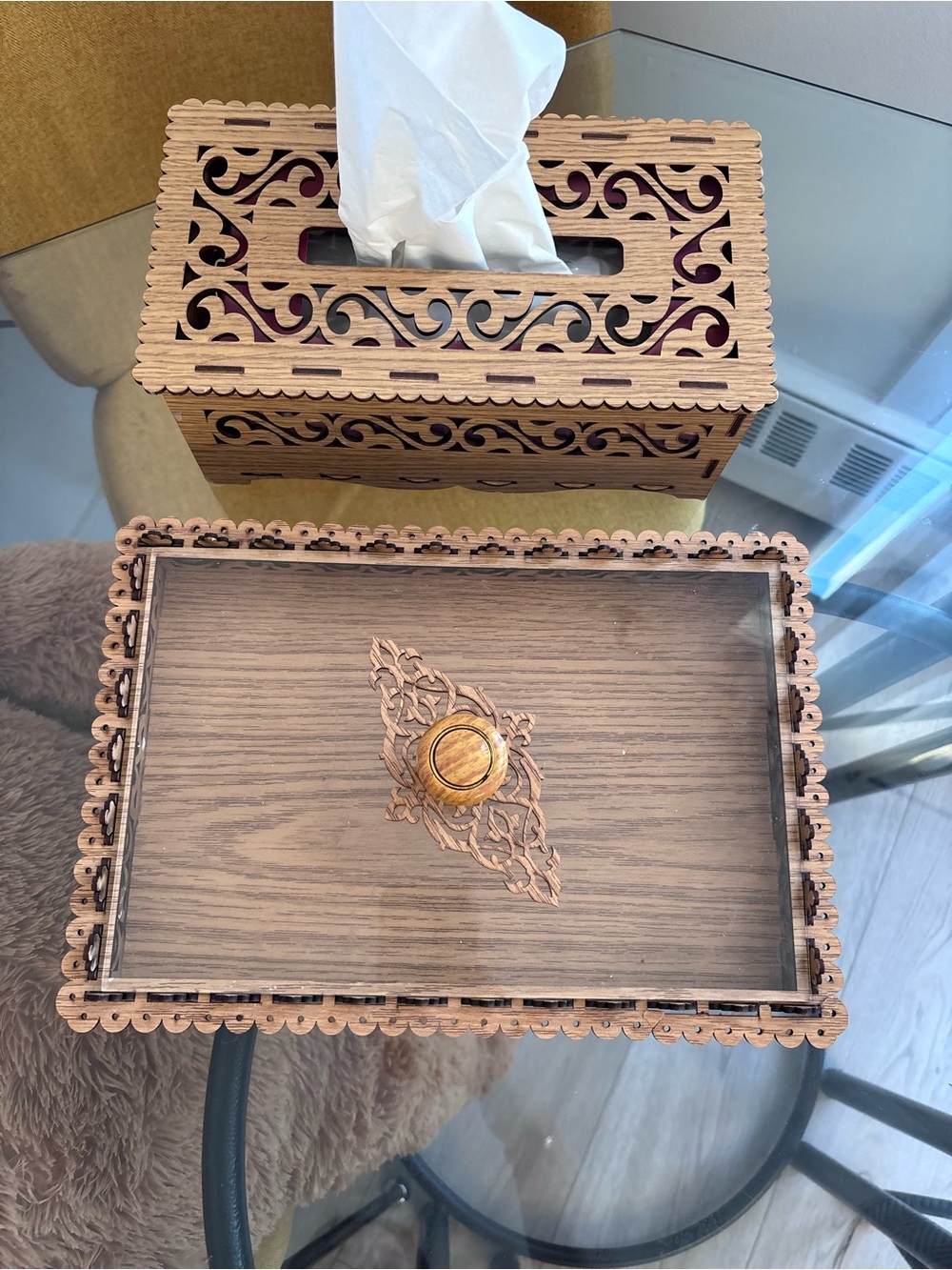 Wooden Decorative Tissue Box Cover and Tray Set - Brown